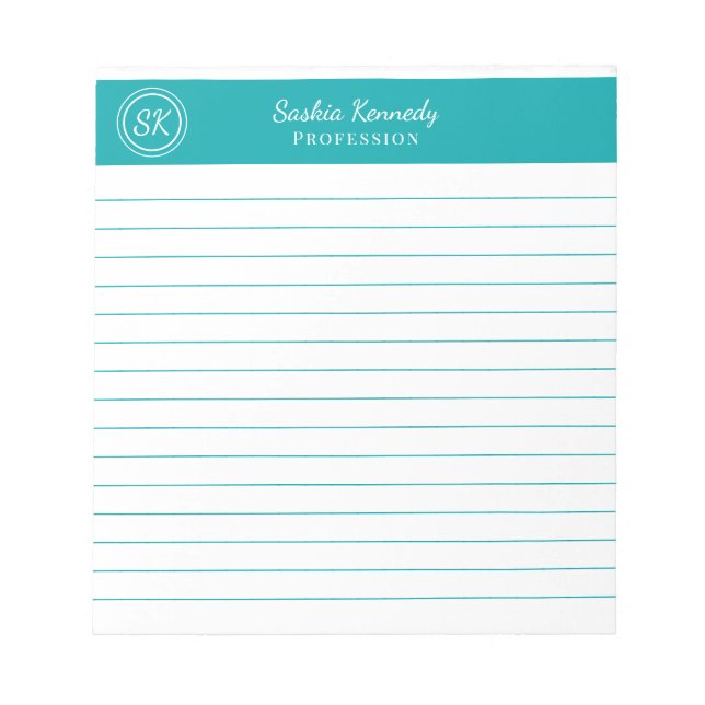 Simply Elegant Teal Lined Monogram Business Notepad (Front)