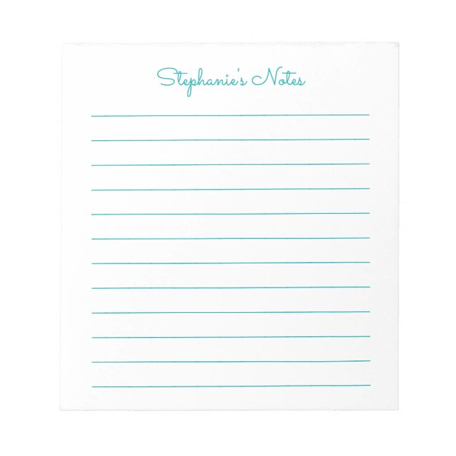 Simply Elegant Teal Lined Personalised Notepad (Front)