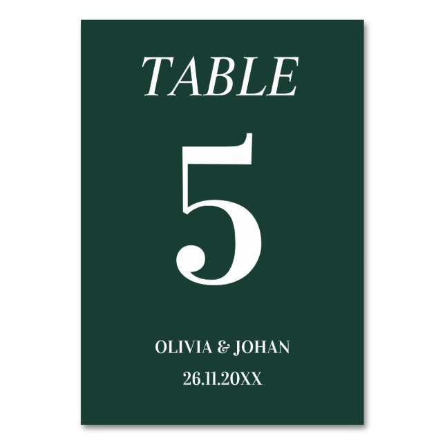 Simply Elegant Typography Emerald Modern Wedding Table Number (Front)
