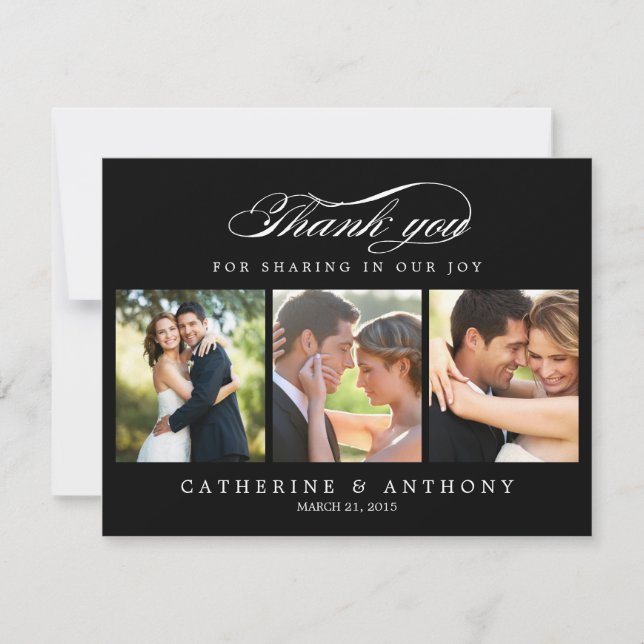 Simply Elegant Wedding Photo Thank You Card Black (Front)