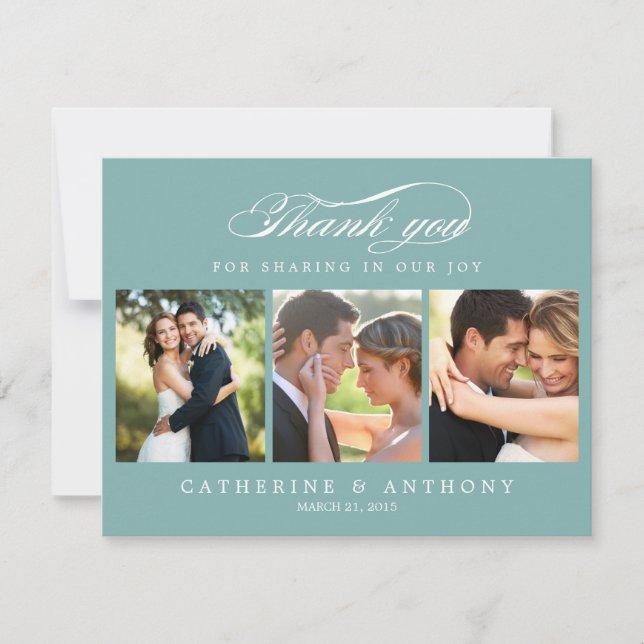 Simply Elegant Wedding Photo Thank You Card Blue (Front)