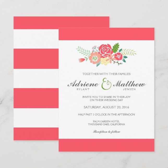 Simply Floral & Stripes Wedding Invitation / Coral (Front/Back)