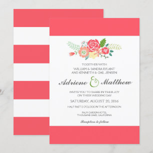 Simply Floral & Stripes Wedding Invitation / Coral