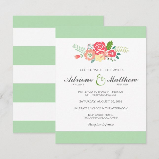 Simply Floral & Stripes Wedding Invitation / Mint (Front/Back)