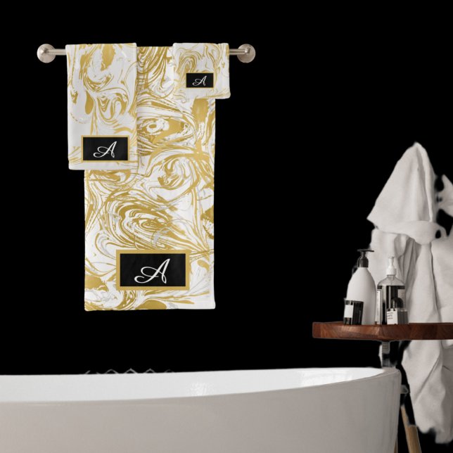 Simply Marble Monogram Gold White Marble black  Ba Bath Towel Set (Creator Uploaded)