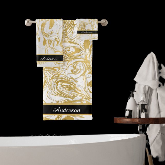 Simply Marble Monogram Gold White Marble black  Bath Towel Set (Creator Uploaded)