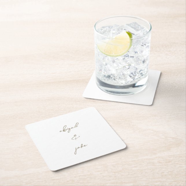 Simply Modern Gold Script Names Wedding  Square Paper Coaster (Insitu)