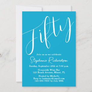 Simply Modern Script Aqua Blue 50th Birthday Invitation