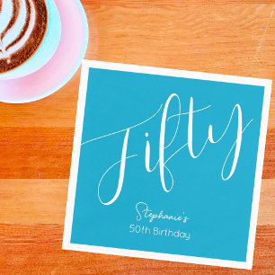 Simply Modern Script Aqua Blue 50th Birthday Napkin