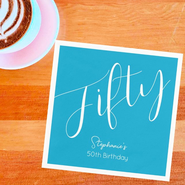 Simply Modern Script Aqua Blue 50th Birthday Napkin (Creator Uploaded)