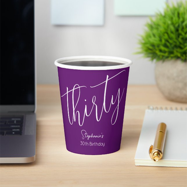 Simply Modern Script Autumn Purple 30th Birthday Paper Cups (Insitu)
