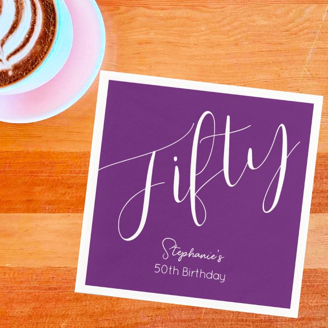 Simply Modern Script Autumn Purple 50th Birthday Napkin (Creator Uploaded)