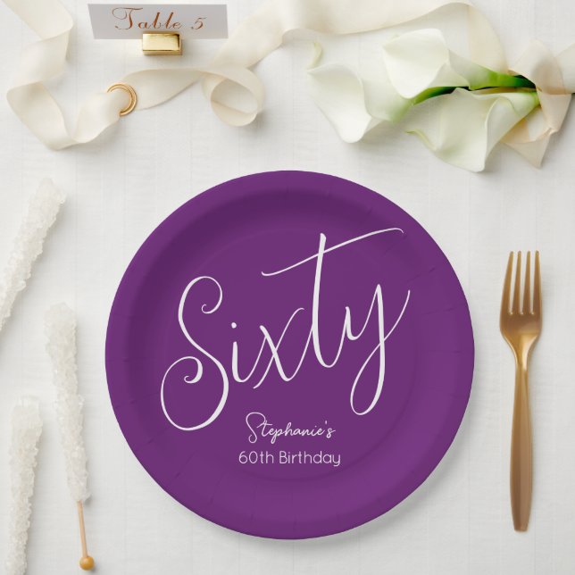 Simply Modern Script Autumn Purple 60th Birthday Paper Plate (Wedding)