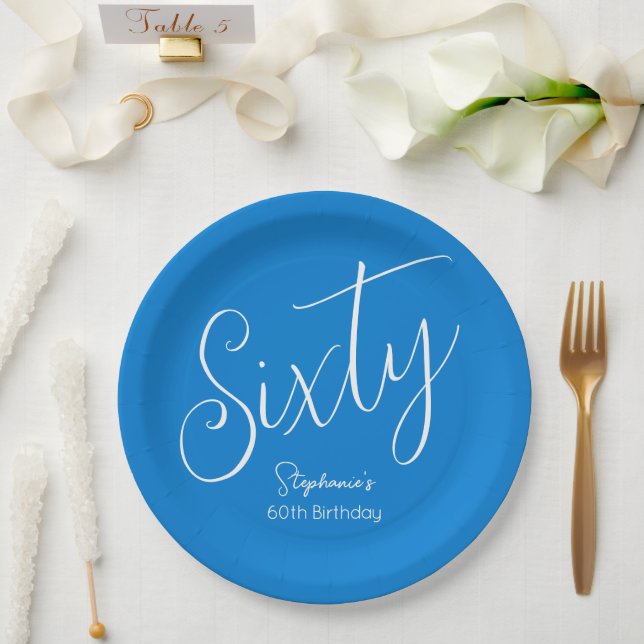 Simply Modern Script Blue 60th Birthday Paper Plate (Wedding)