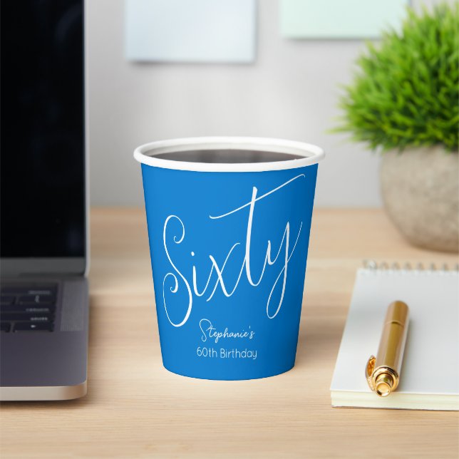 Simply Modern Script Blue 60th Birthday Party Paper Cups (Insitu)