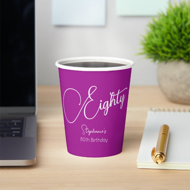 Simply Modern Script Dark Pink 80th Birthday Paper Cups (Insitu)