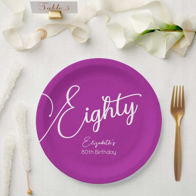 Simply Modern Script Dark Pink 80th Birthday Paper Plate (Wedding)