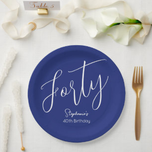Simply Modern Script Navy Blue 40th Birthday Party Paper Plate