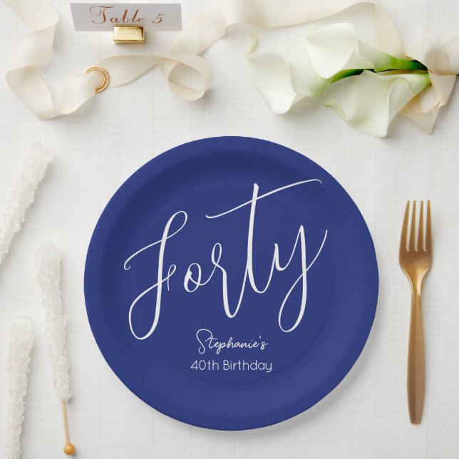 Simply Modern Script Navy Blue 40th Birthday Party Paper Plate (Wedding)
