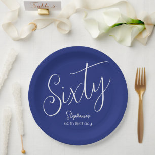 Simply Modern Script Navy Blue 60th Birthday Paper Plate