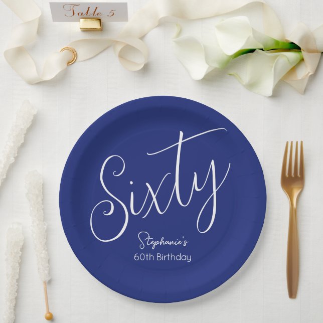 Simply Modern Script Navy Blue 60th Birthday Paper Plate (Wedding)