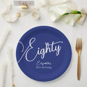 Simply Modern Script Navy Blue 80th Birthday Party Paper Plate