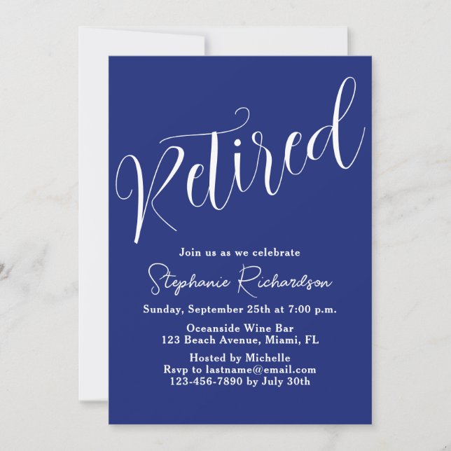 Simply Modern Script Navy Blue Retirement Invitation (Front)