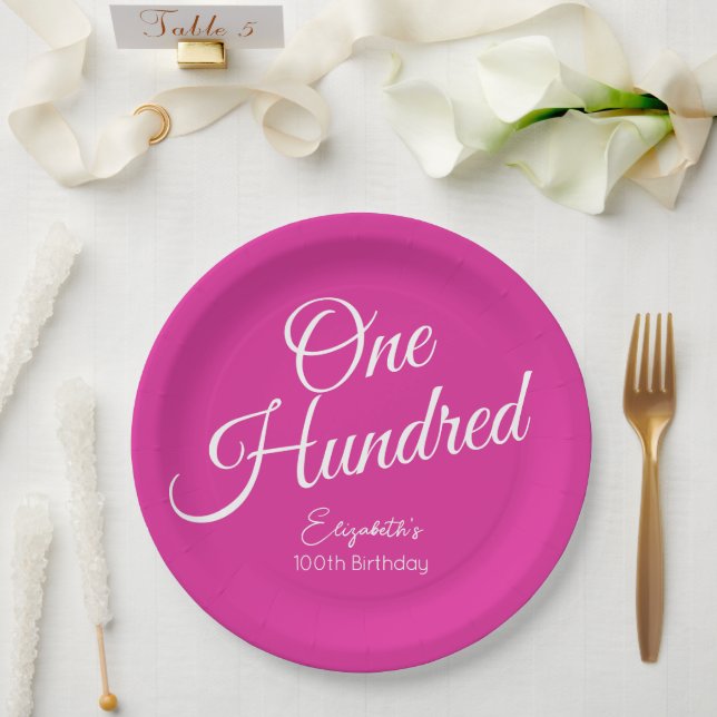 Simply Modern Script Pink 100th Birthday Paper Plate (Wedding)