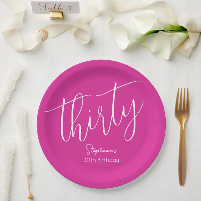 Simply Modern Script Pink 30th Birthday Paper Plate (Wedding)