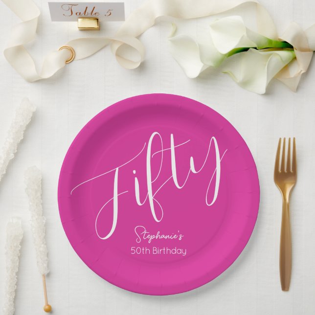 Simply Modern Script Pink 50th Birthday Paper Plate (Wedding)