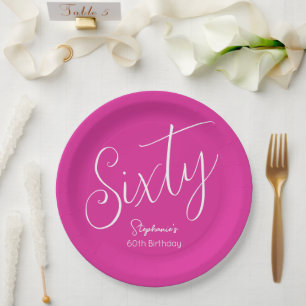 Simply Modern Script Pink 60th Birthday Party Paper Plate