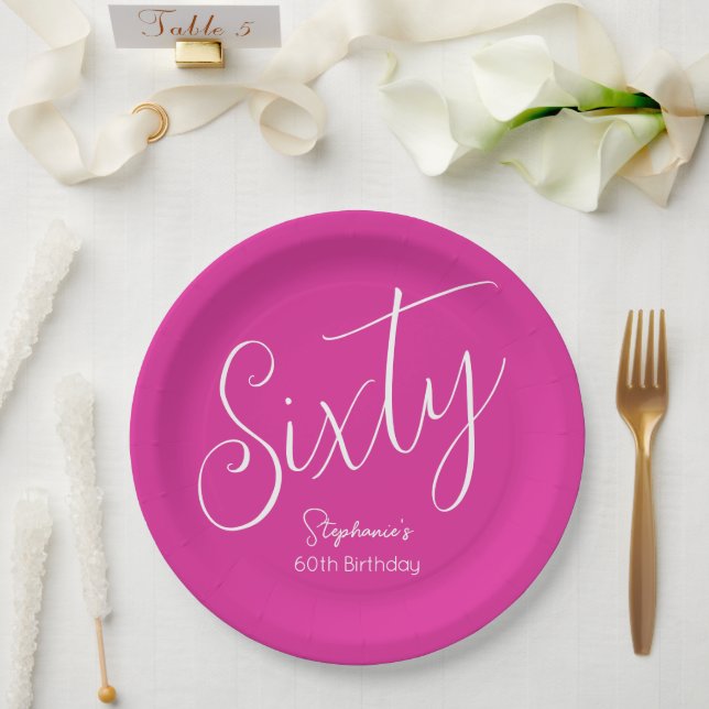 Simply Modern Script Pink 60th Birthday Party Paper Plate (Wedding)