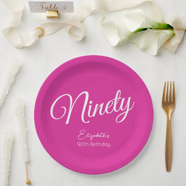 Simply Modern Script Pink 90th Birthday Party Paper Plate (Wedding)