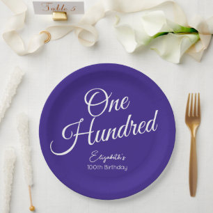 Simply Modern Script Purple 100th Birthday Paper Plate