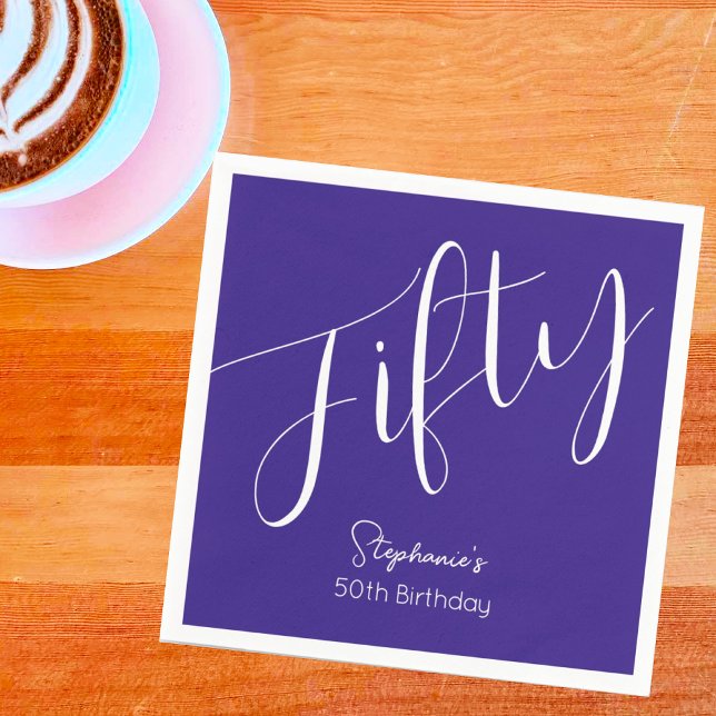Simply Modern Script Purple 50th Birthday Napkin (Creator Uploaded)