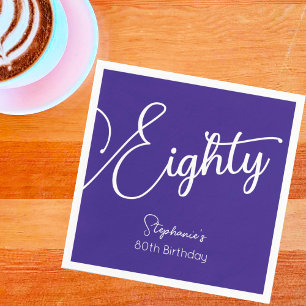 Simply Modern Script Purple 80th Birthday Party Napkin