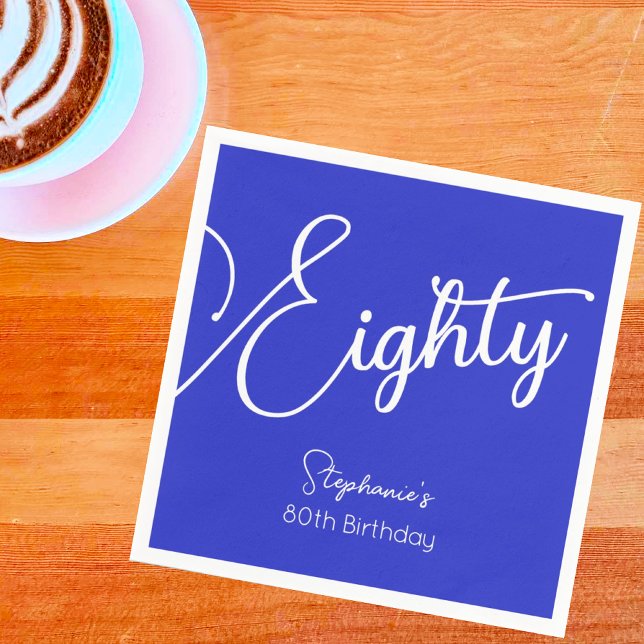 Simply Modern Script Royal Blue 80th Birthday Napkin (Creator Uploaded)