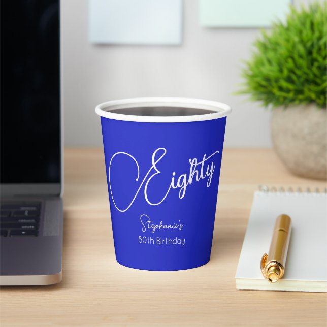 Simply Modern Script Royal Blue 80th Birthday Paper Cups (Insitu)