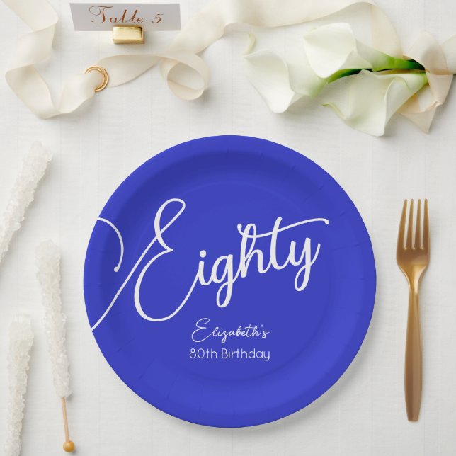 Simply Modern Script Royal Blue 80th Birthday Paper Plate (Wedding)