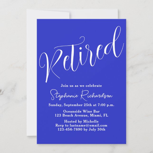 Simply Modern Script Royal Blue Retirement Invitation (Front)