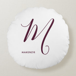 Simply Monogrammed Burgundy Letter M White Round Cushion