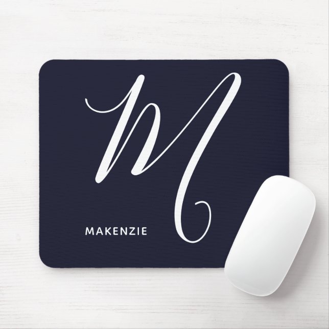 Simply Monogrammed Script Letter M Navy Blue Mouse Mat (With Mouse)