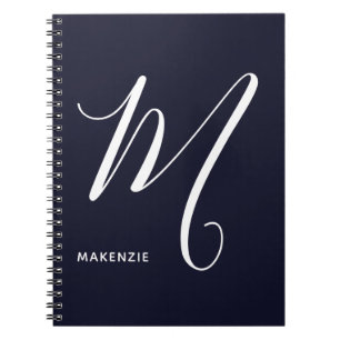 Simply Monogrammed Script Letter M Navy Blue Notebook