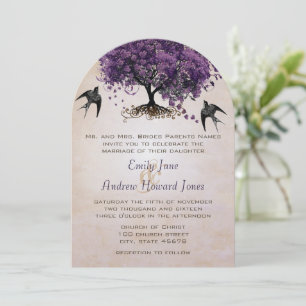 Simply Peachy Purple Heart Leaf Tree Wedding Invitation