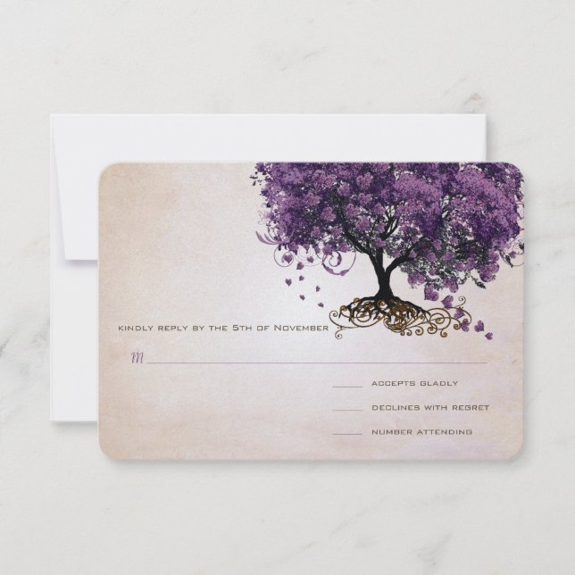 Simply Peachy Purple Heart Leaf Tree Wedding RSVP (Front)