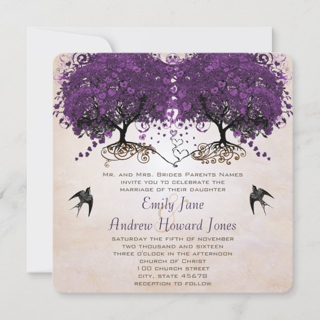 Simply Peachy Purple Vintage Heart Leaf Tree Invitation (Front)
