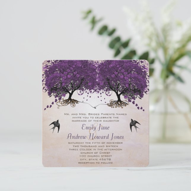 Simply Peachy Purple Vintage Heart Leaf Tree Invitation (Standing Front)