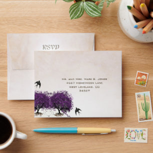 Simply Peachy Purple Vintage Heart Leaf Tree RSVP Envelope