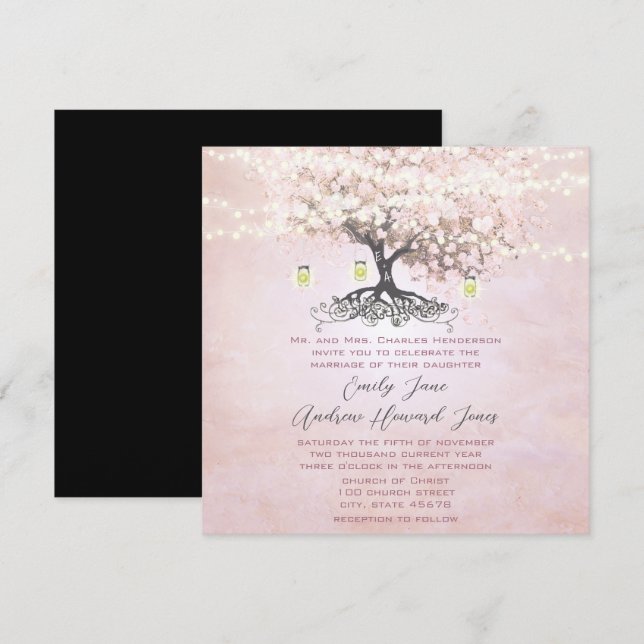 Simply Pink Heart Leaf Tree Love Bird Wedding Invitation (Front/Back)