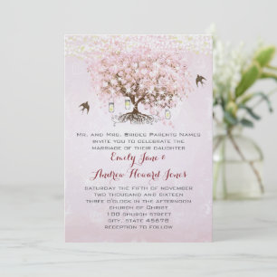 Simply Pink Heart Leaf Tree Love Bird Wedding Invitation